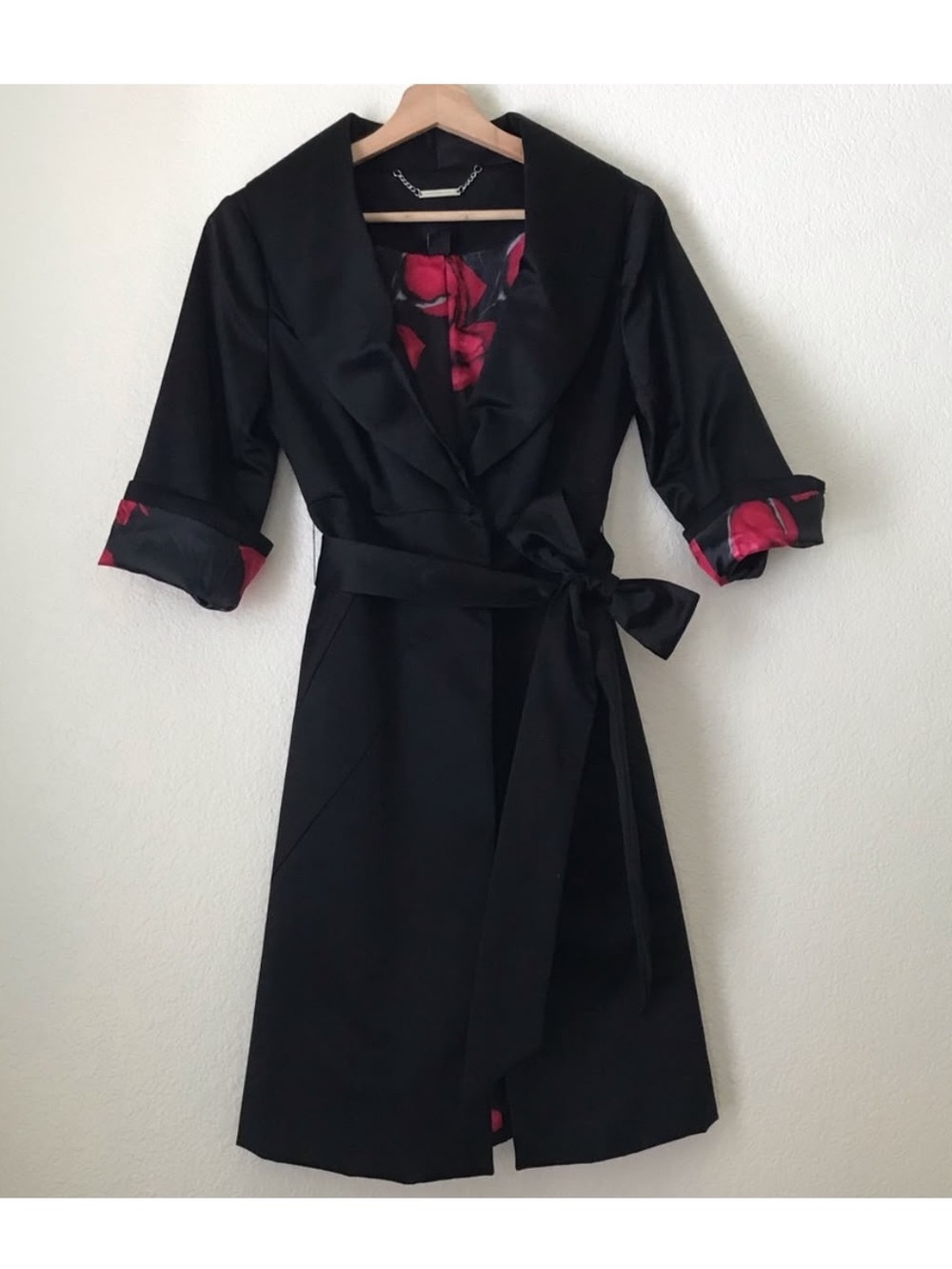 White House Black Market Black Wrap Trench with red Floral Accents